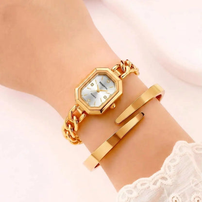 REBIRTH 2-Piece Watch & Bracelet Set — Quartz, Digital Display, Alloy, Gold, 3 Bar Splash Resistant