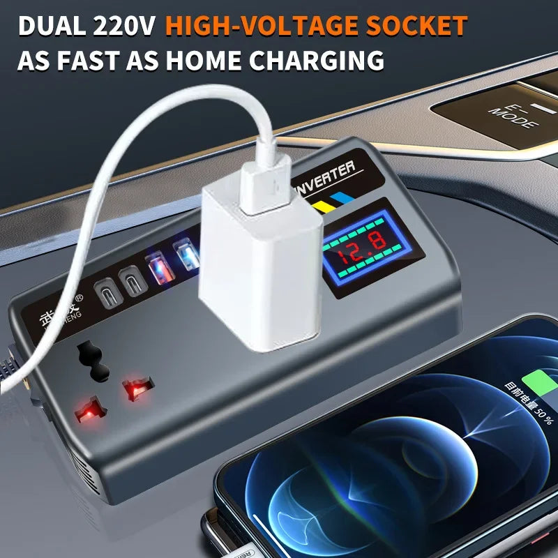 200W Car Power Inverter — 12V to 110V / 24V to 220V, 9 Outputs, AC + USB-C PD + QC3.0 + USB-A