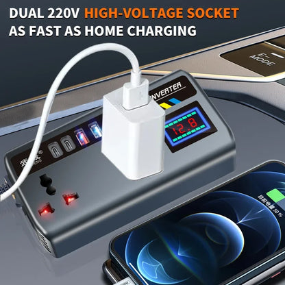 200W Car Power Inverter — 12V to 110V / 24V to 220V, 9 Outputs, AC + USB-C PD + QC3.0 + USB-A