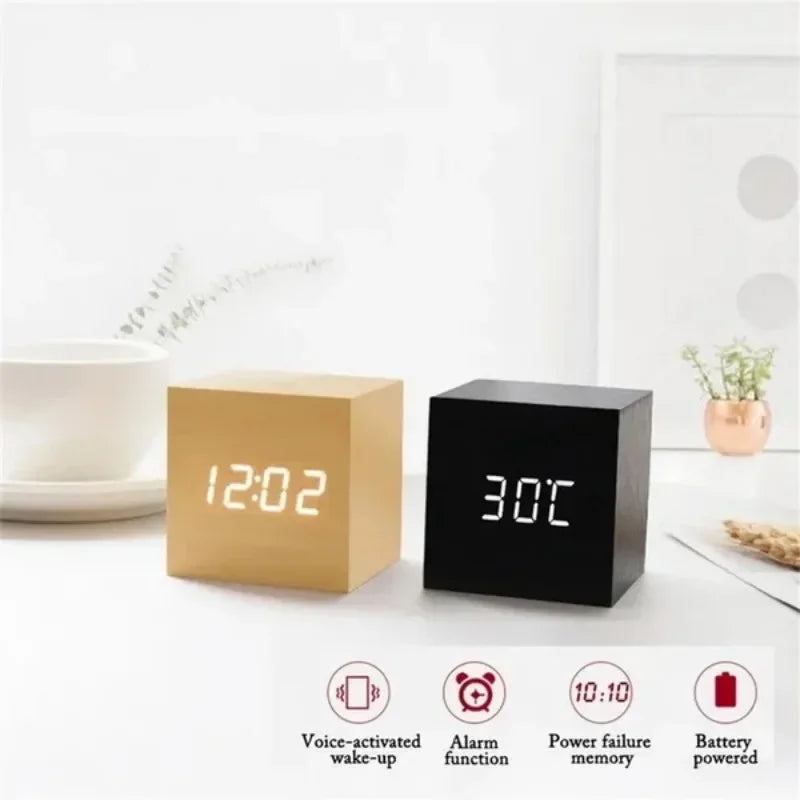 Voice Control LED Alarm Clock – Smart Wood Design with Temperature Display