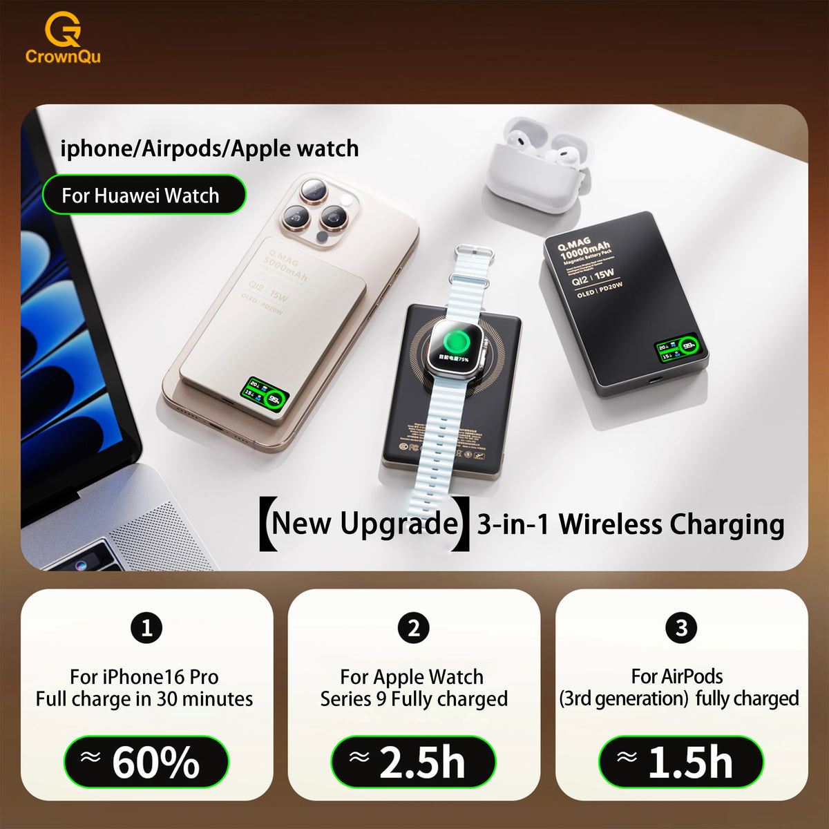 3-in-1 Magnetic Wireless Power Bank — Qi2.1, 15W, LCD Display, 5000 or 10000mAh, iPhone & Apple Watch
