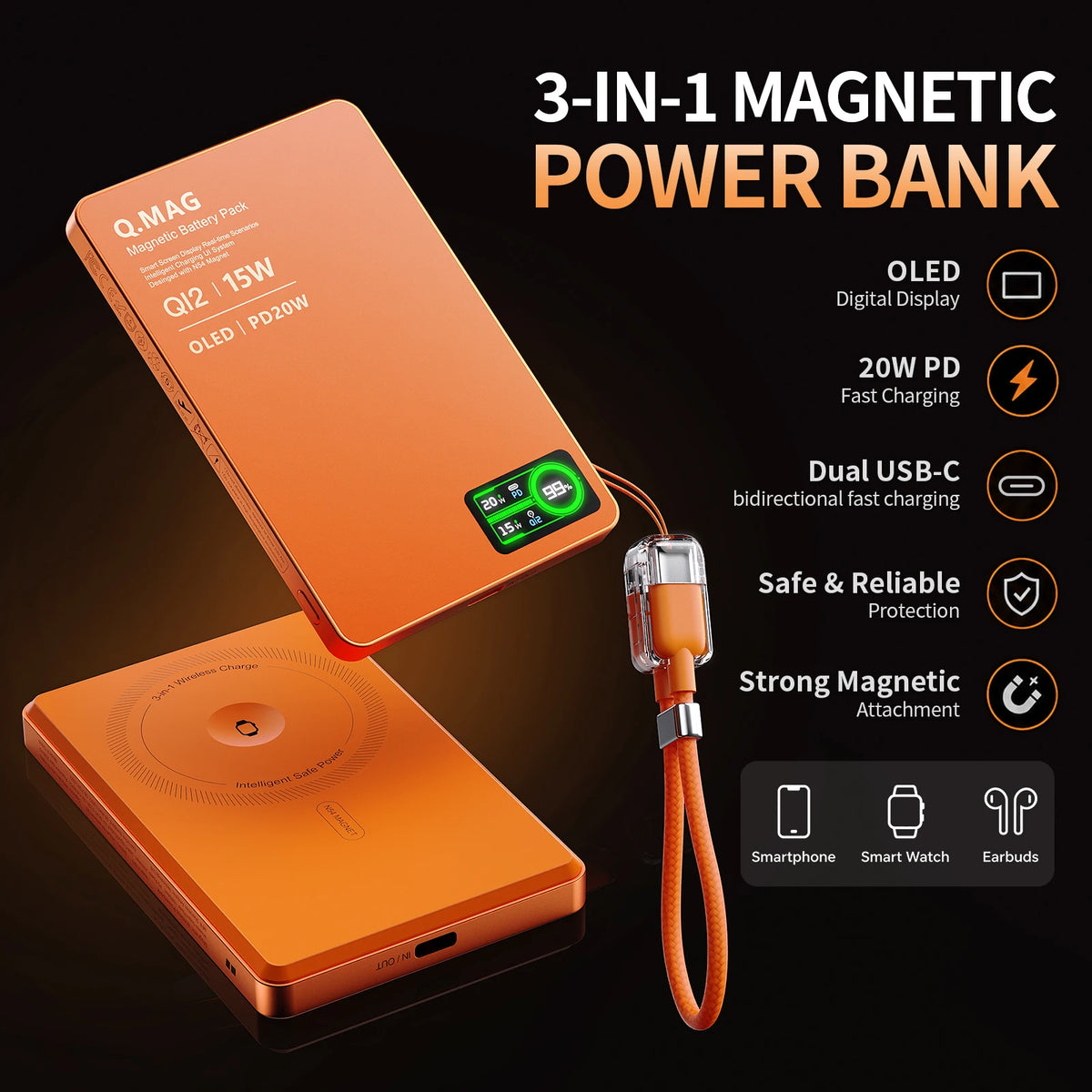 3-in-1 Magnetic Wireless Power Bank — Qi2.1, 15W, LCD Display, 5000 or 10000mAh, iPhone & Apple Watch