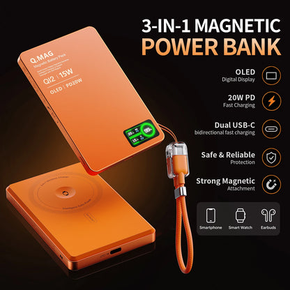 3-in-1 Magnetic Wireless Power Bank — Qi2.1, 15W, LCD Display, 5000 or 10000mAh, iPhone & Apple Watch