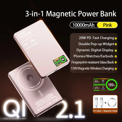 3-in-1 Magnetic Wireless Power Bank — Qi2.1, 15W, LCD Display, 5000 or 10000mAh, iPhone & Apple Watch